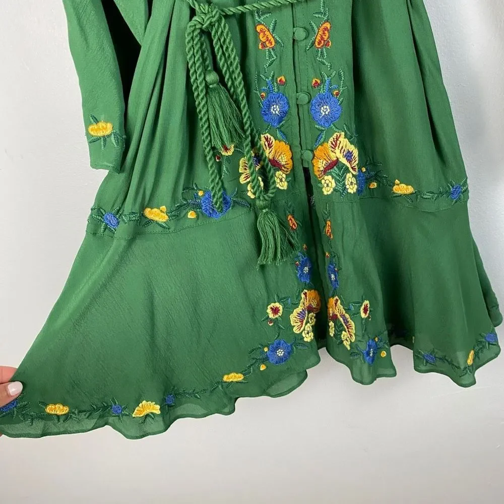 Farm Rio Jessalyn Embroidered Floral Belted Dress Green - Picture 9 of 12